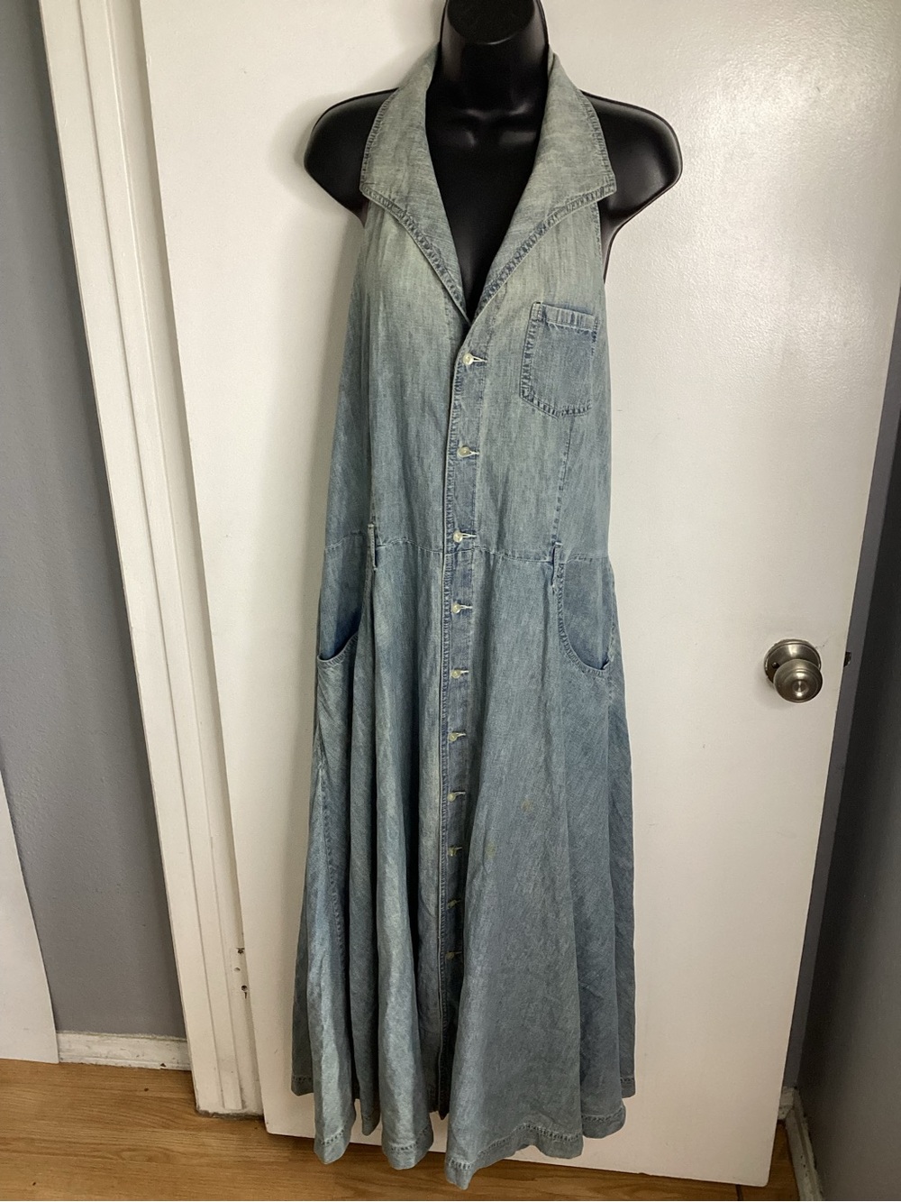 Sleeveless Light Blue Cotton Denim Halter Maxi Dress with Button-Front 16